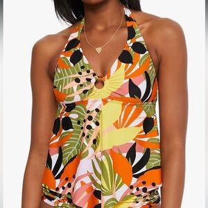 Bar III Women's Ring Tie Halter Tankini‎ Swimsuit green orange Top S NWOT